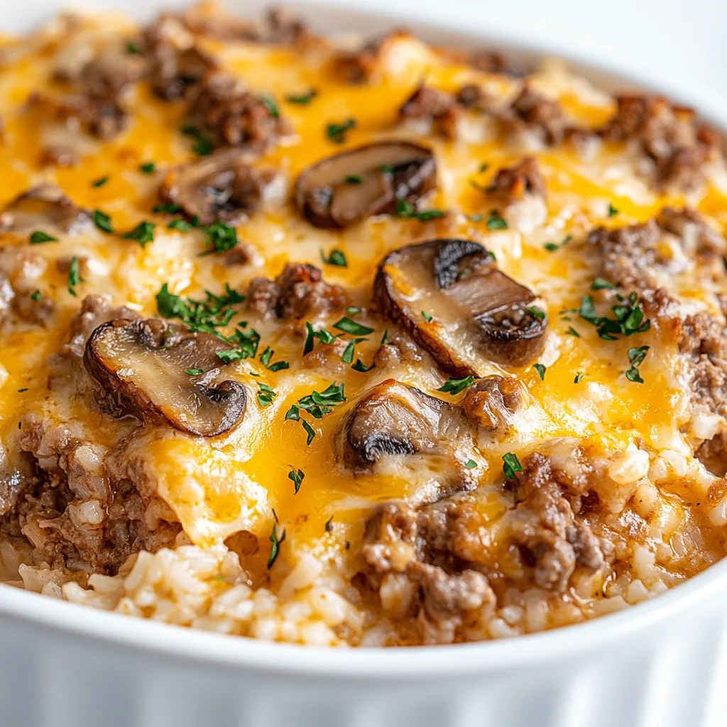 Cheesy Beef and Rice Casserole with Mushrooms | Easy Comfort Food Recipe