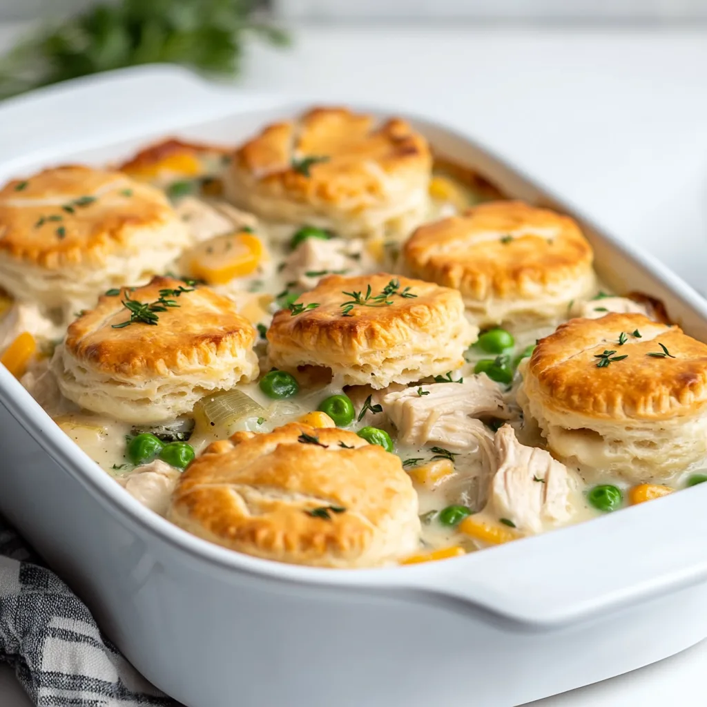 Easy Chicken Pot Pie Casserole with Biscuits | Comfort Food Recipe