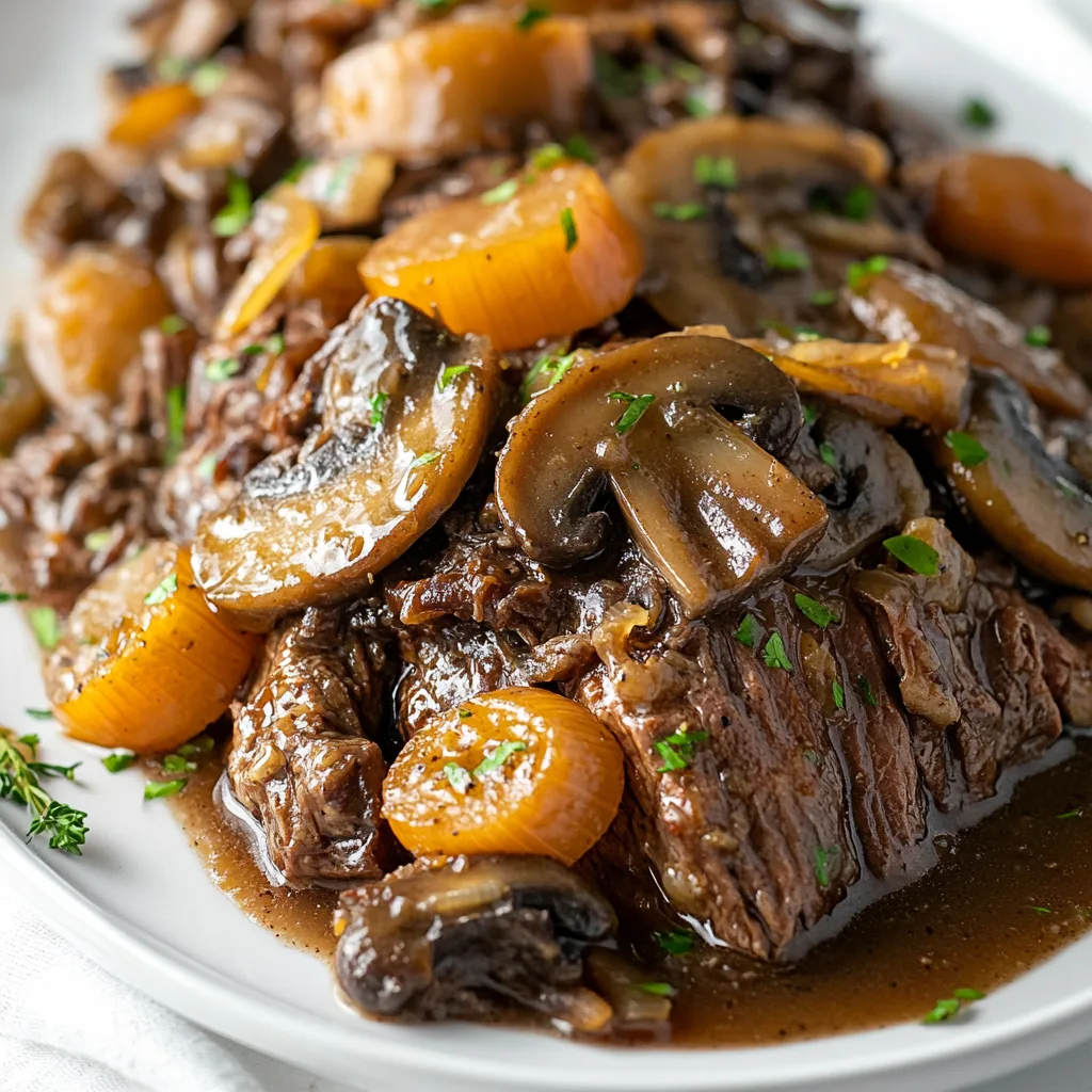 Slow Cooker Mushroom Roast Beef with Onion Gravy | Tender &amp; Flavorful Recipe