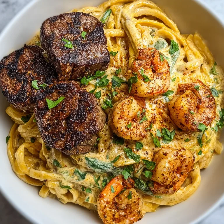 Blackened Steak Shrimp Alfredo Recipe | Creamy Cajun Seafood Pasta