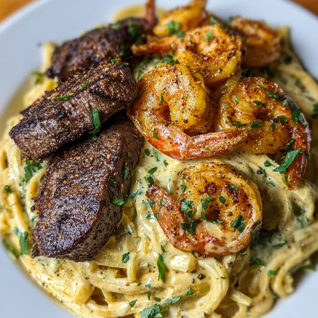 Blackened Steak Shrimp Alfredo Recipe | Creamy Cajun Seafood Pasta