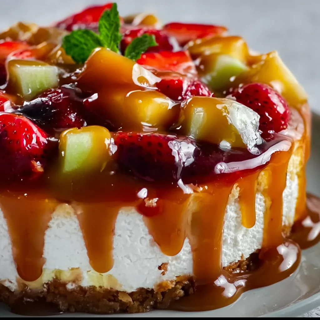 Delicious Cheesecake Fruit Salad with Caramel Drizzle | Easy Dessert Recipe