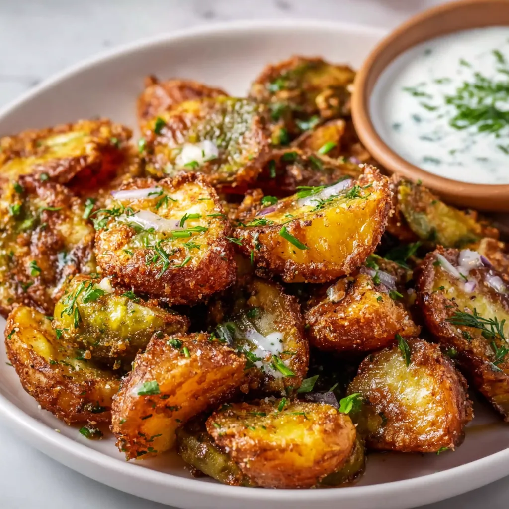 Crispy Pickle Potatoes with Herbed Yogurt | Easy Crispy Snack Recipe
