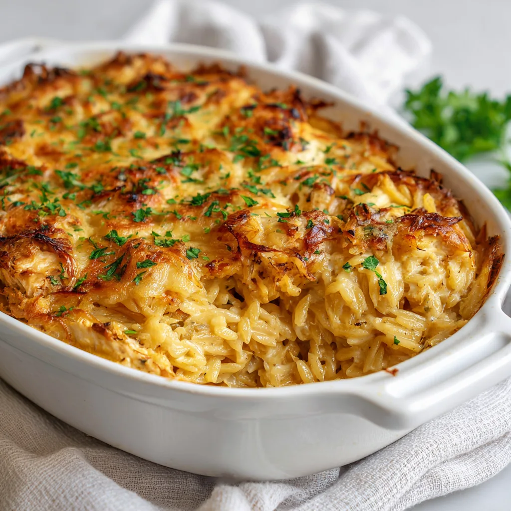 French Onion Chicken Orzo Casserole