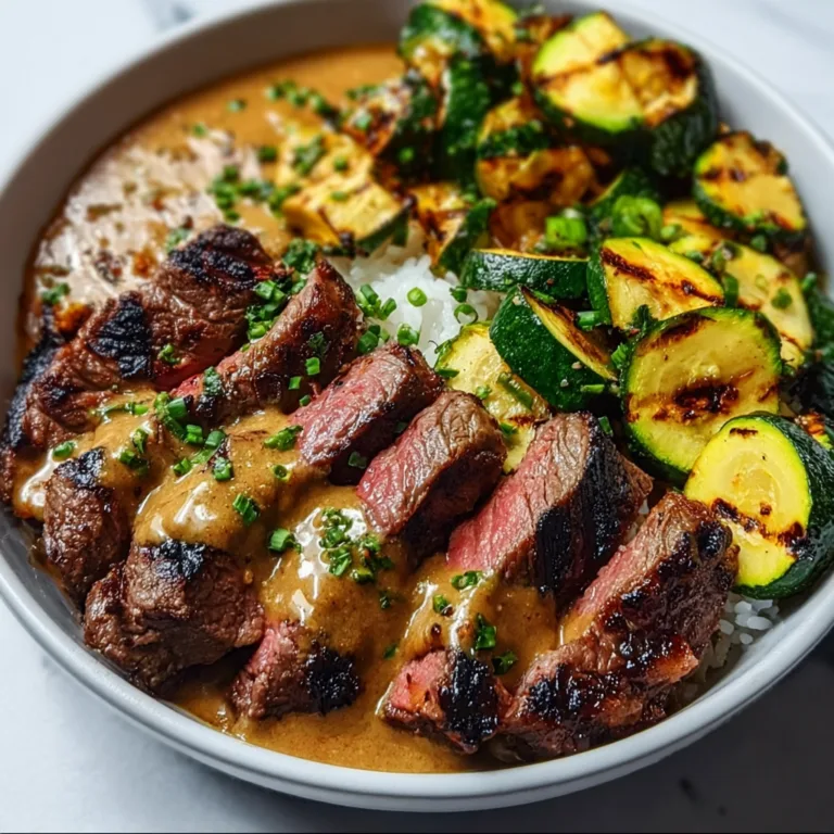 Grilled Steak Bowl with Zesty Sauce & Tender Grilled Zucchini – Delicious & Healthy Meal