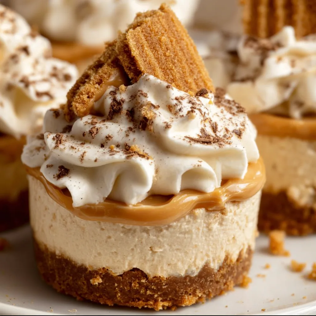 No-Bake Mini Biscoff Cheesecakes with Cookie Butter Whipped Cream – Easy &amp; Delicious Dessert Recipe