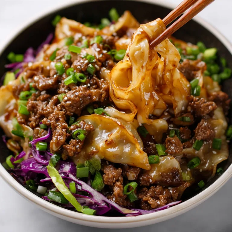 Delicious Potsticker Noodle Bowl with Beef & Crisp Cabbage Slaw Recipe