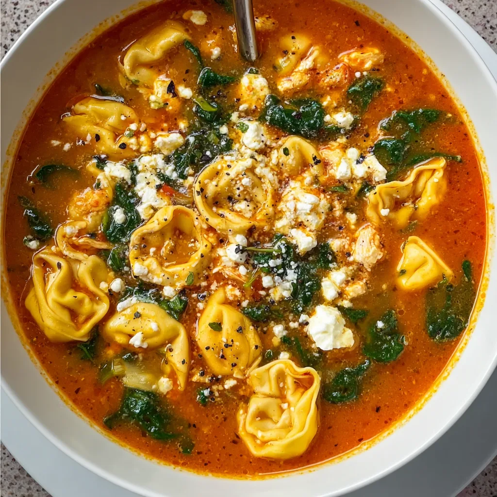 Mediterranean Tortellini Soup with Spinach, Feta, & Chicken