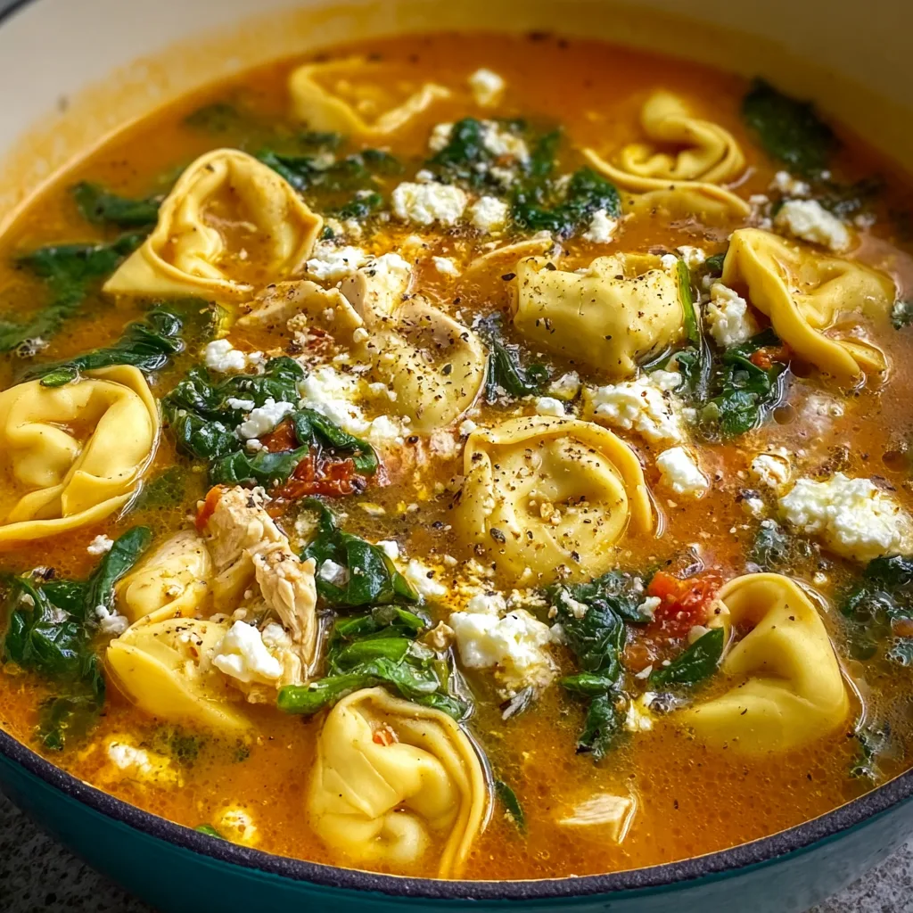 Hearty Mediterranean Tortellini Soup with Spinach, Feta &amp; Chicken Recipe