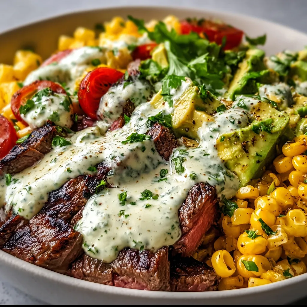 Steak, Avocado &amp; Roasted Corn Bowl with Cilantro Cream Sauce | Healthy Flavor-Packed Recipe