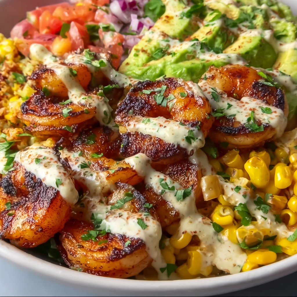 Grilled Shrimp Bowl with Avocado Corn Salsa &amp; Creamy Sauce | Fresh &amp; Flavorful Recipe