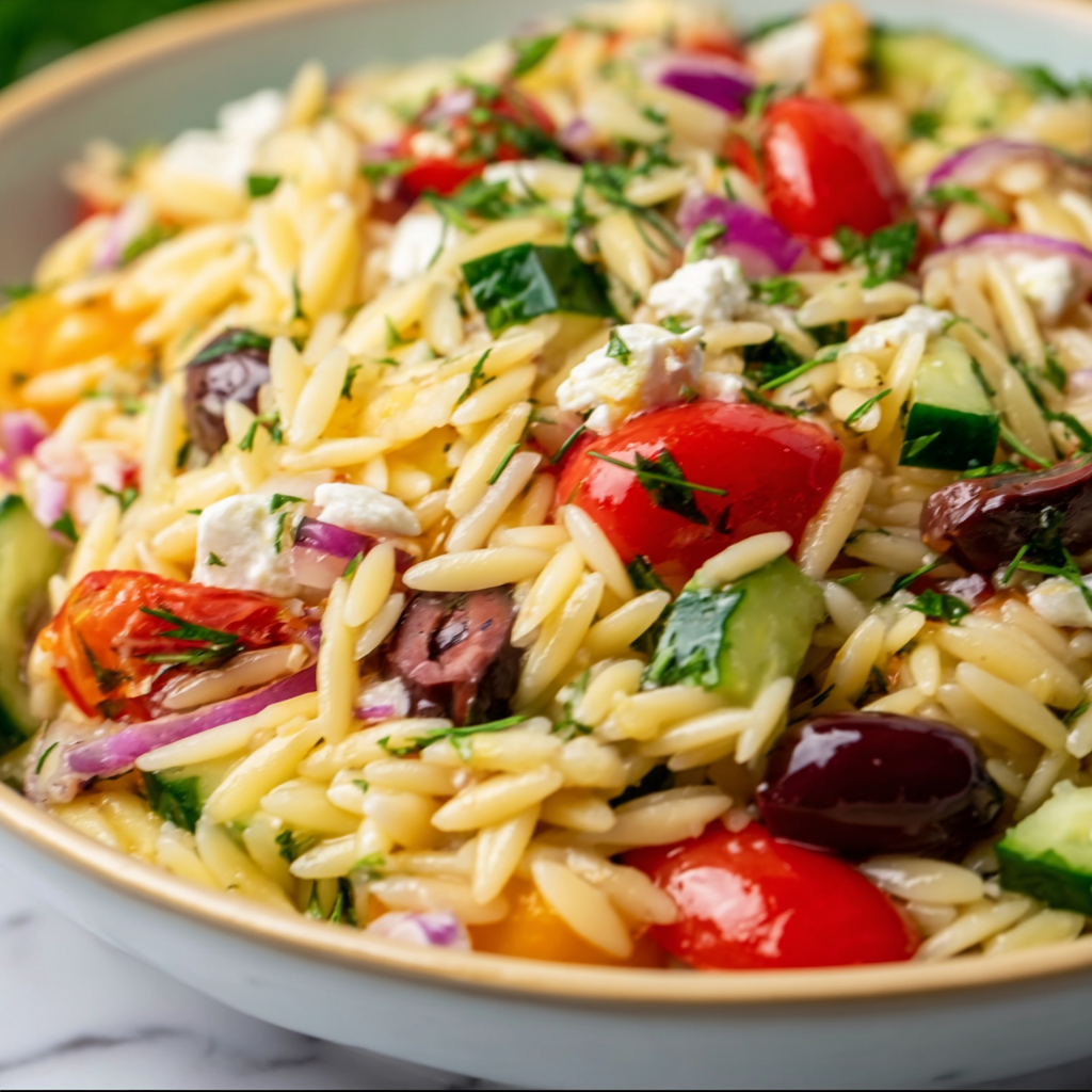 Juicy Mediterranean Orzo Pasta Salad Recipe | Fresh &amp; Flavorful Side Dish