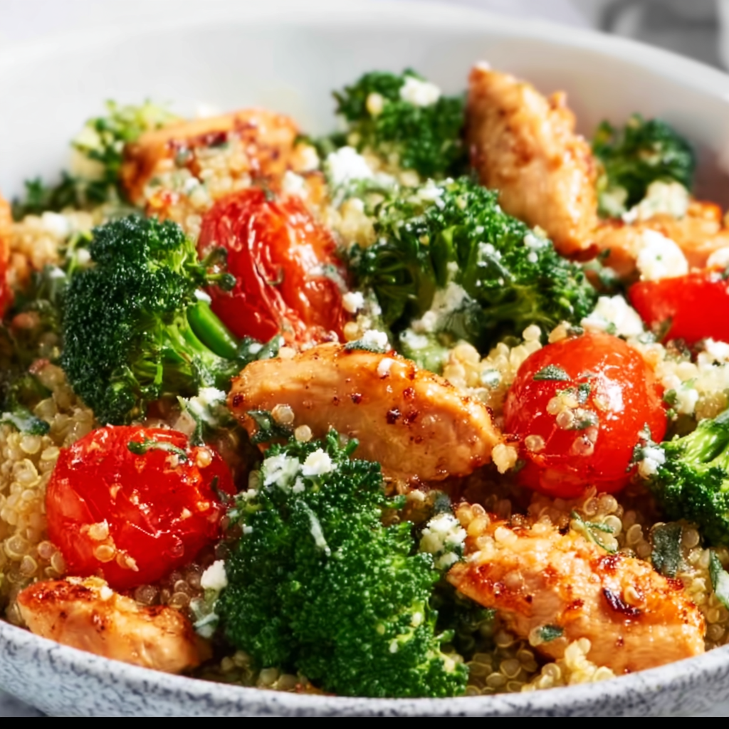 Healthy Mediterranean Chicken Quinoa Bowl with Broccoli &amp; Tomato Recipe