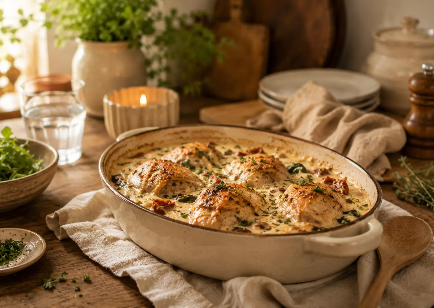 Cozy creamy chicken dinner served in a ceramic baking dish on a rustic kitchen table