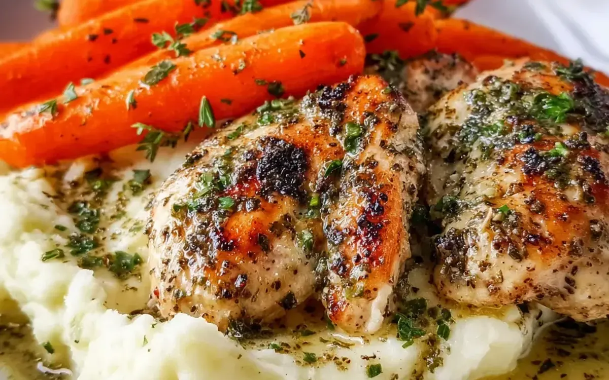 Garlic Herb Chicken with Creamy Mash and Roasted Carrots