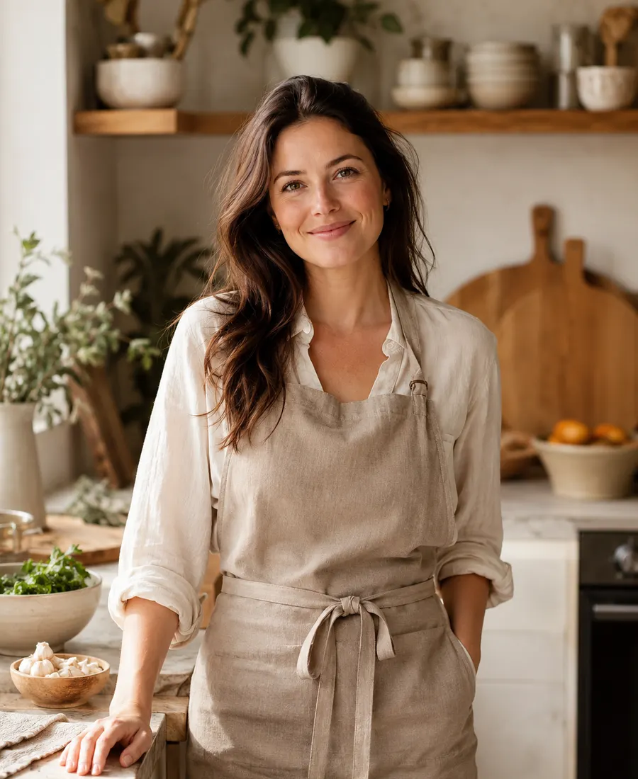 Mila Bryn smiling in a cozy home kitchen wearing a beige apron