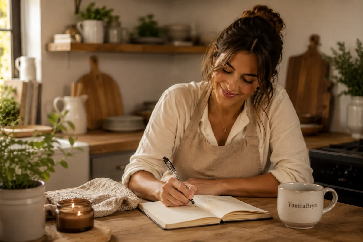 Mila Bryn writing recipe notes in a cozy kitchen with a Yumila Bryn mug